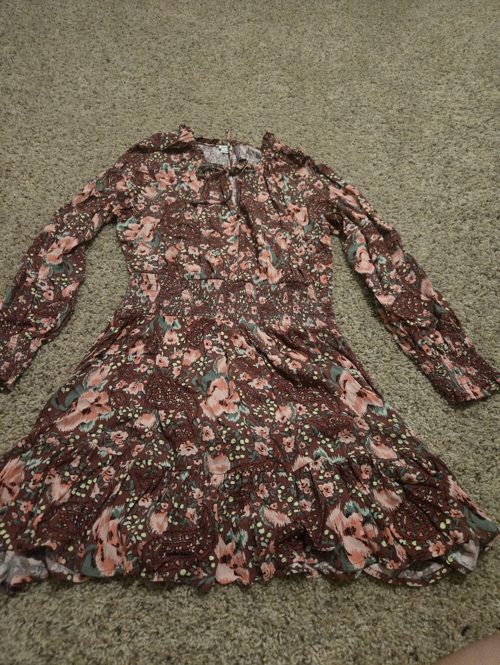 Aerie Floral Long-Sleeve Dress - Pink and Brown